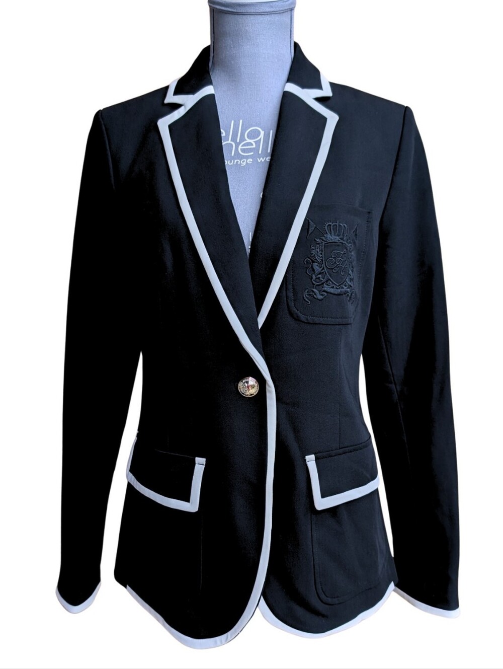 Tommy Hilfiger Preppy Academy Blazer White Piping Crest Silver Button Black 8